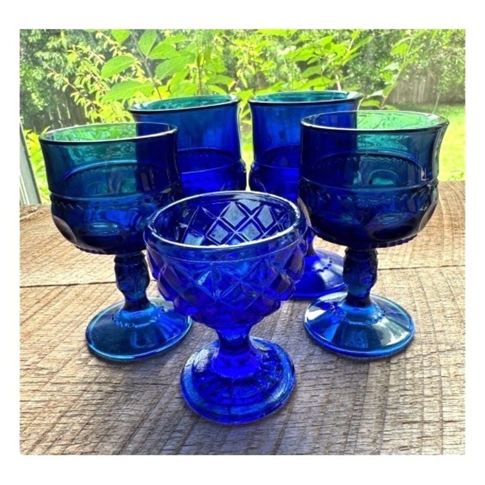 Indiana Glass "King's Crown" Cobalt Blue Barware Set of 4 Free Bonus Cup